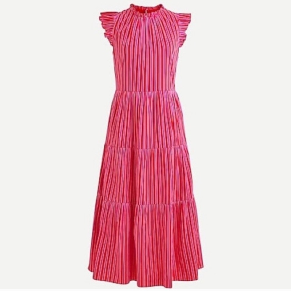 J. Crew Tiered Cotton Dobby Dress Cape Stripe Pink Red Size XL Tall